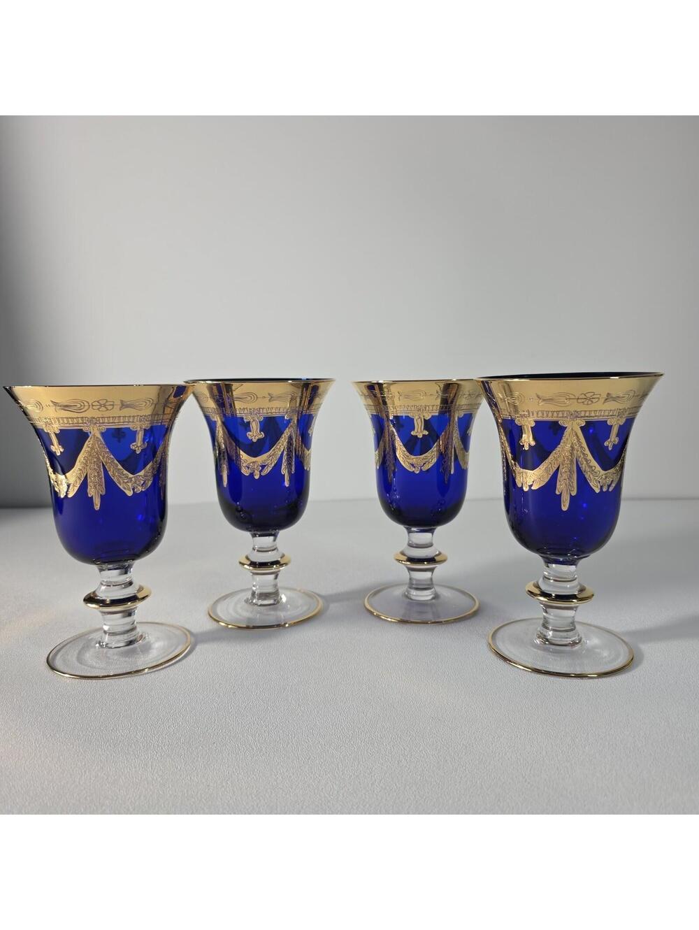 VTG Horchow Italian Cobalt Blue Crystal 4 Wine Water Goblets 6.25" 24K Gold Trim